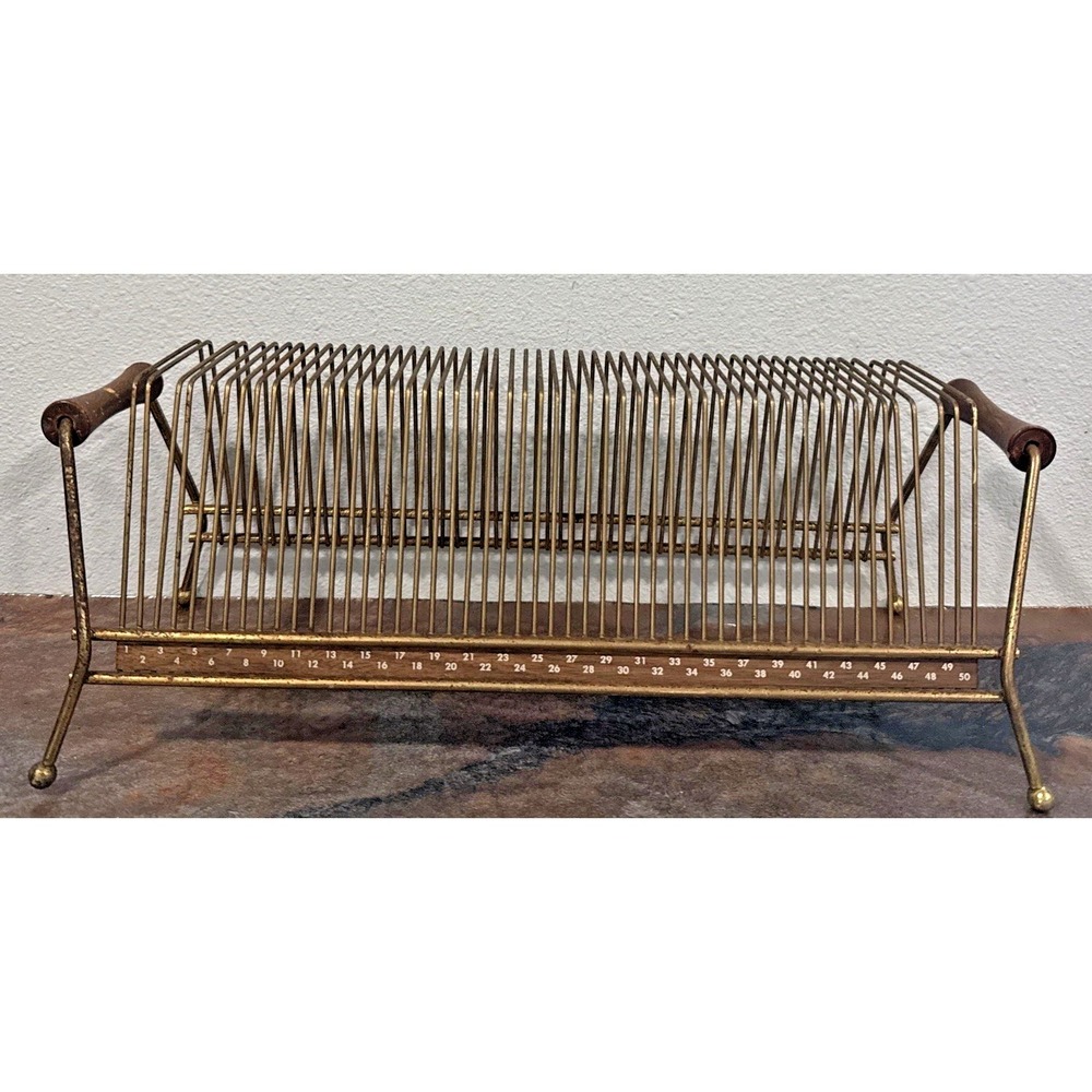 Vintage MCM Metal Wire Record Album Holder Rack 50 Slot Wood Handle LP Organizer